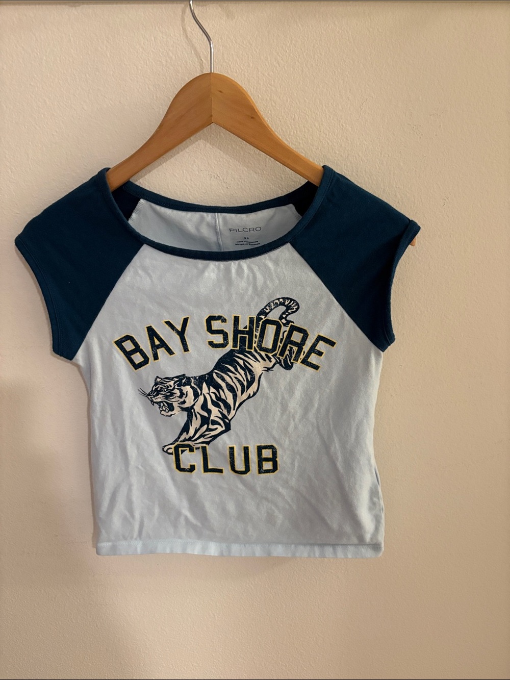 Pilcro White Tee with Navy Raglan Sleeves and Tiger Graphic